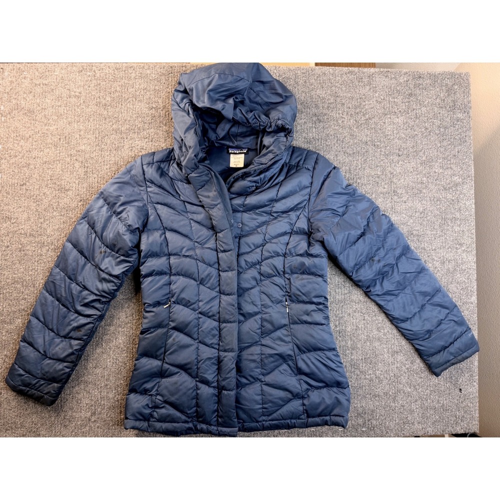 Patagonia Womens M Navy Blue Hi-Loft Down Hoody Puffer Jacket Insulated 28600